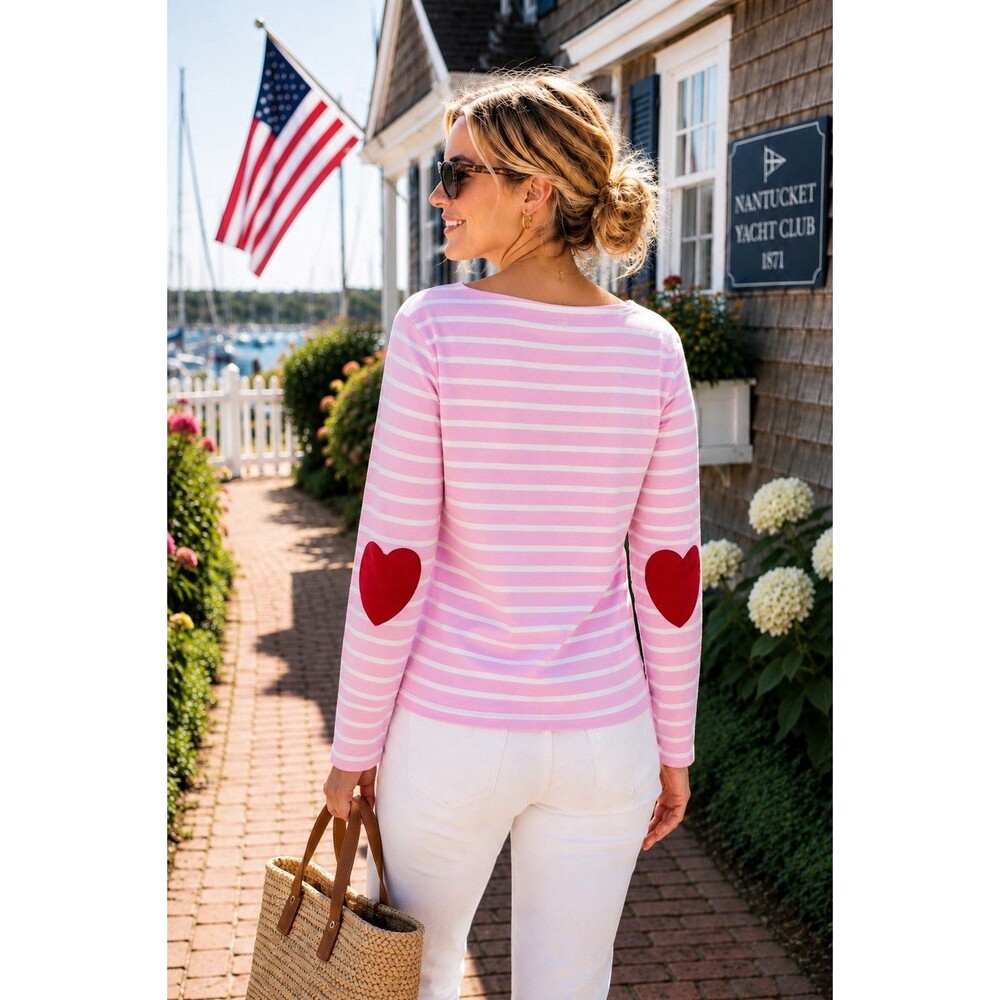 J.Crew Boatneck Striped Heart Elbow Patch Breton Top WMNS S Pink‎ White Coastal